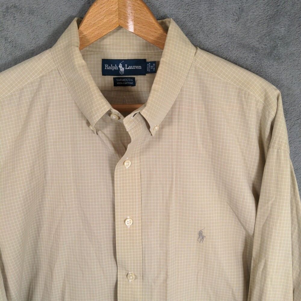 Ralph Lauren Yarmouth Dress Shirt Mens 18 34/35 Beige Check Button Down Preppy